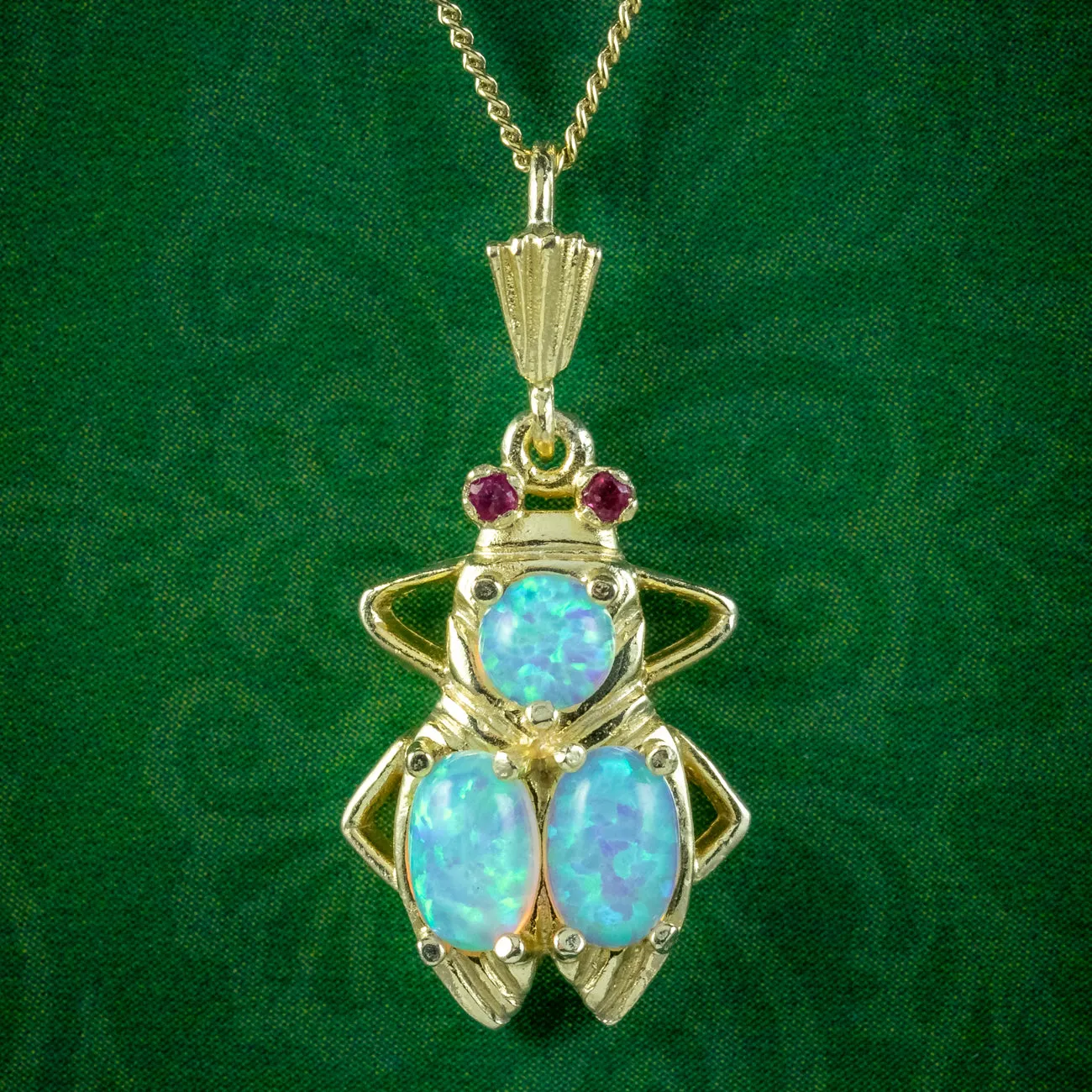 Victorian Style Opal Insect Pendant Necklace Ruby Eyes