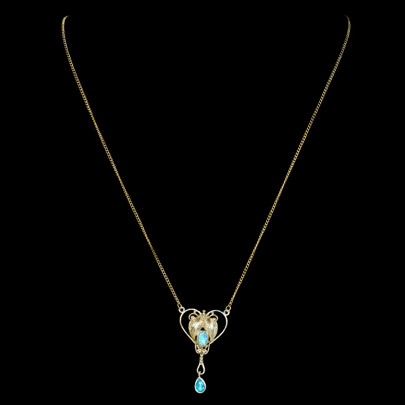 Victorian Style Opal Pendant Lavaliere Necklace 18ct Gold On Sterling Silver