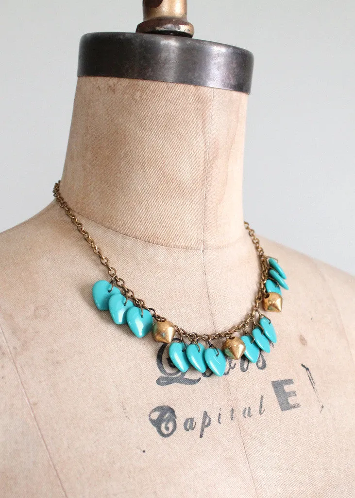 Vintage 1940s Turquoise Glass Hearts and Brass Necklace