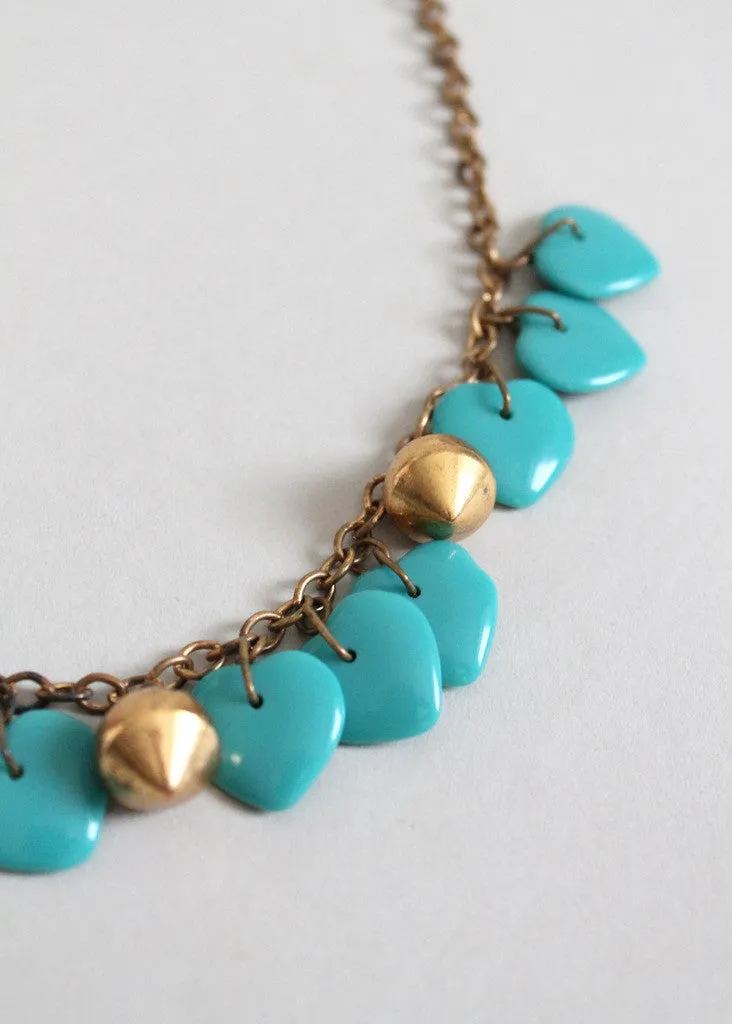 Vintage 1940s Turquoise Glass Hearts and Brass Necklace