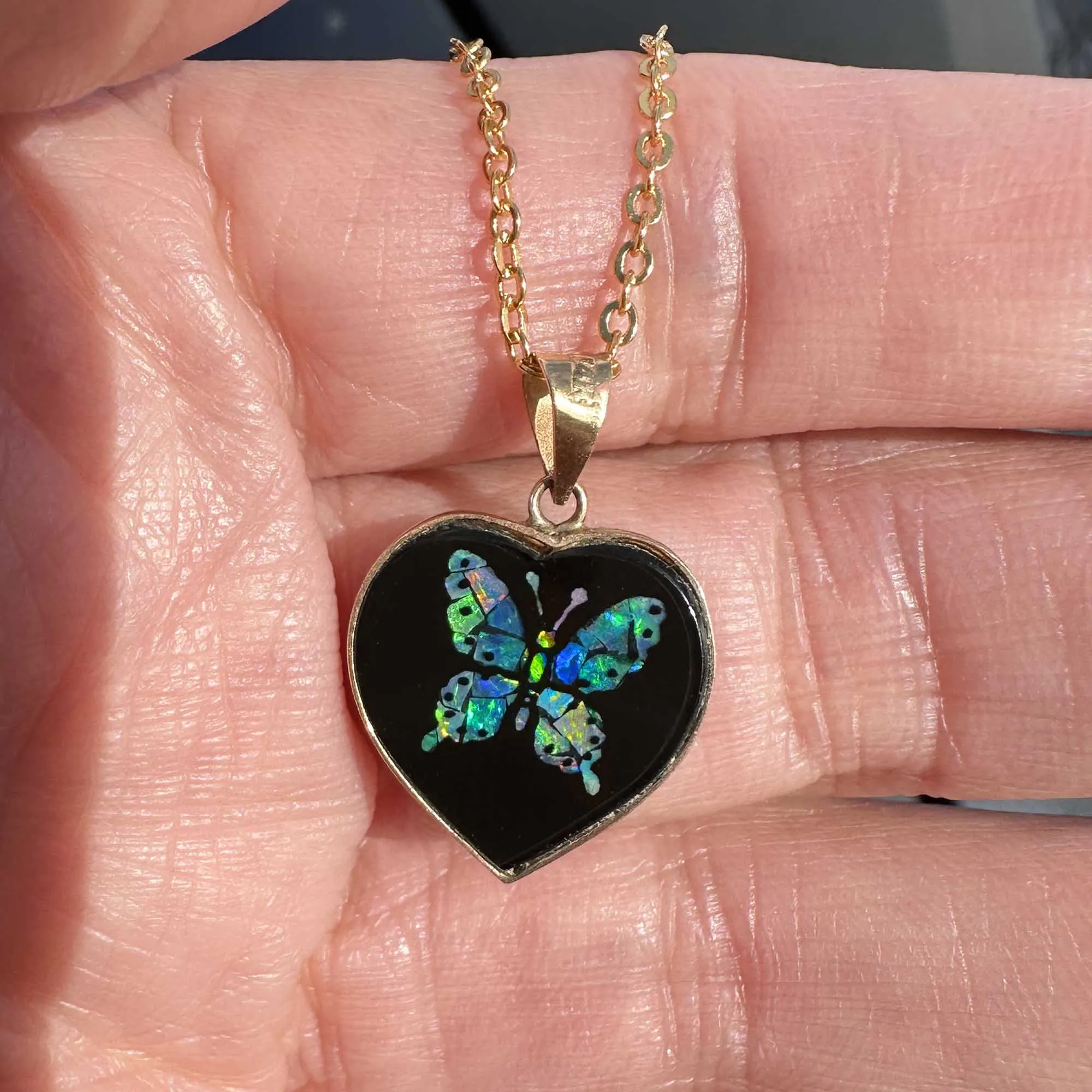 Vintage Black Onyx Heart Opal Butterfly Pendant in 14K Gold