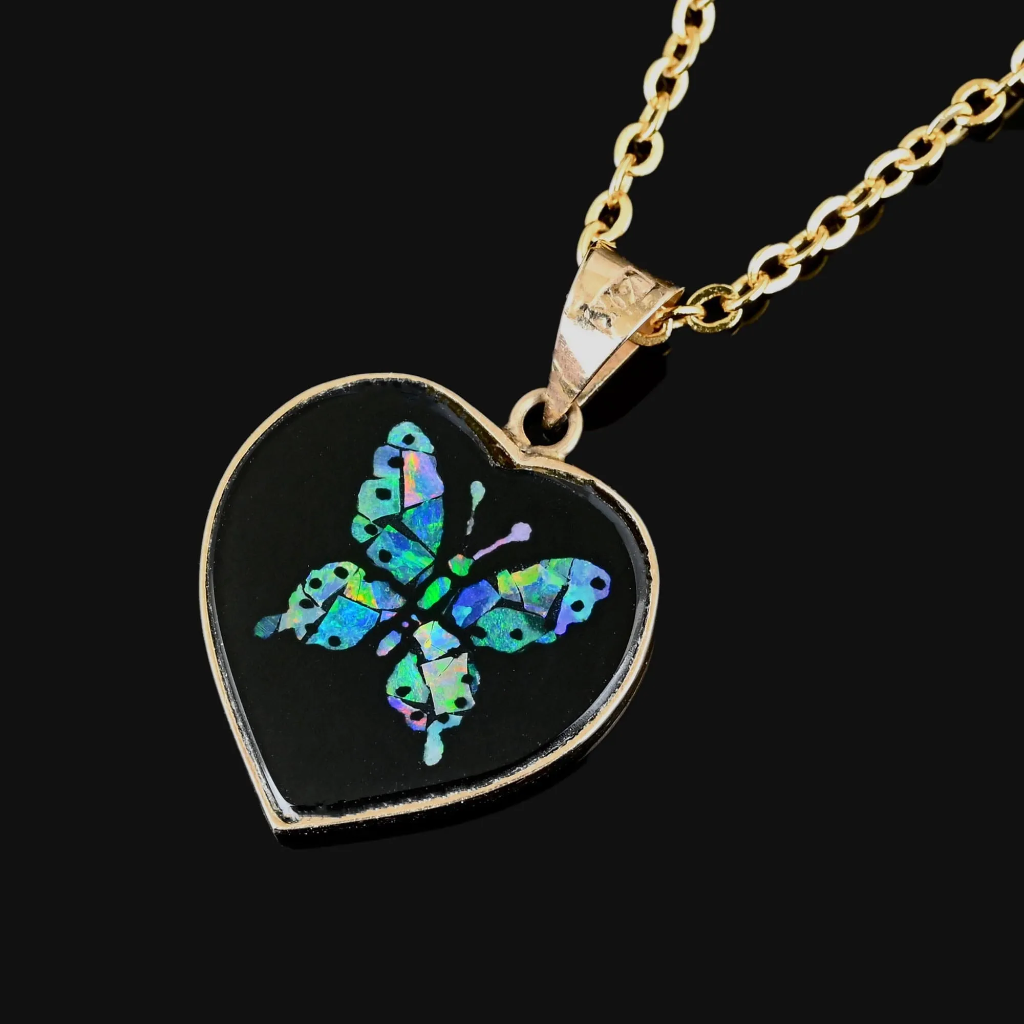 Vintage Black Onyx Heart Opal Butterfly Pendant in 14K Gold