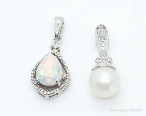 Vintage Designers Pearl Opal Diamond Sterling Silver Necklace Pendants