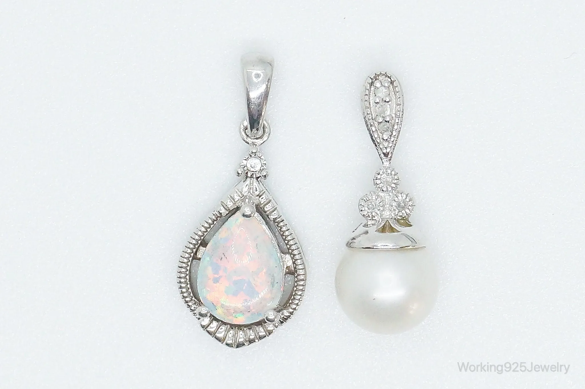 Vintage Designers Pearl Opal Diamond Sterling Silver Necklace Pendants