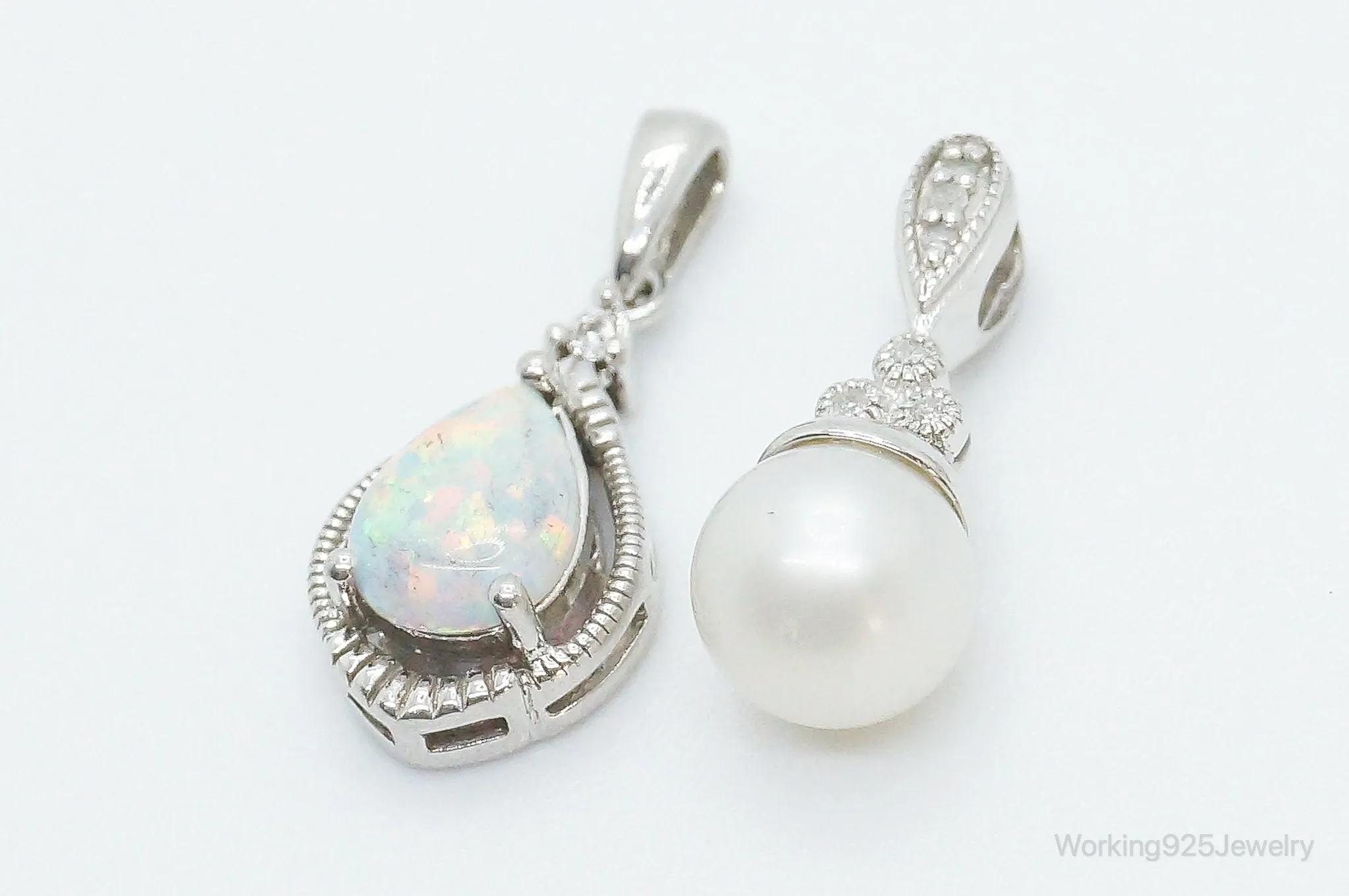 Vintage Designers Pearl Opal Diamond Sterling Silver Necklace Pendants