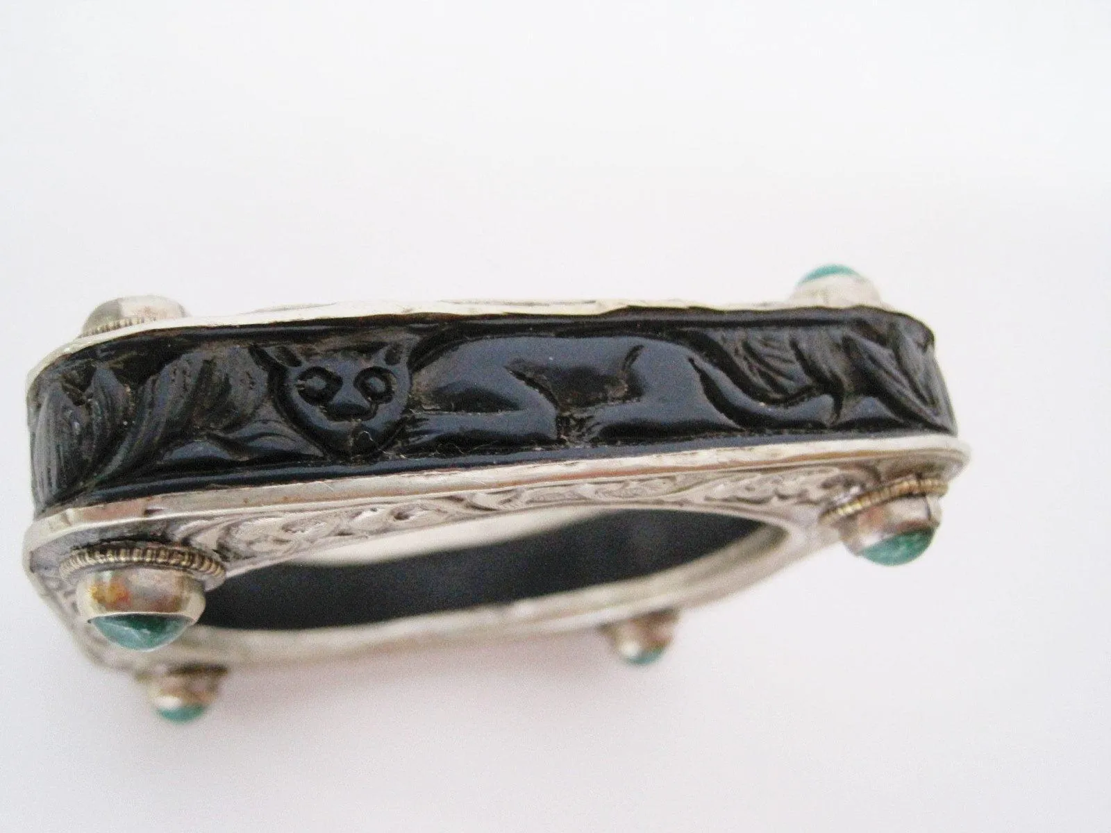 Vintage Square Carved Animal Purple Resin Bracelet from Nepal or Tibet with Silver Metal Overlay