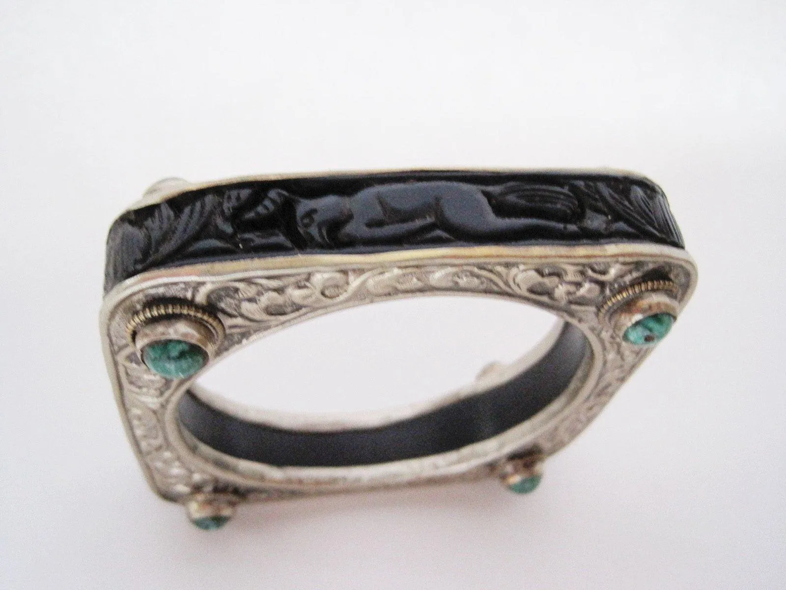 Vintage Square Carved Animal Purple Resin Bracelet from Nepal or Tibet with Silver Metal Overlay