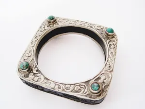 Vintage Square Carved Animal Purple Resin Bracelet from Nepal or Tibet with Silver Metal Overlay