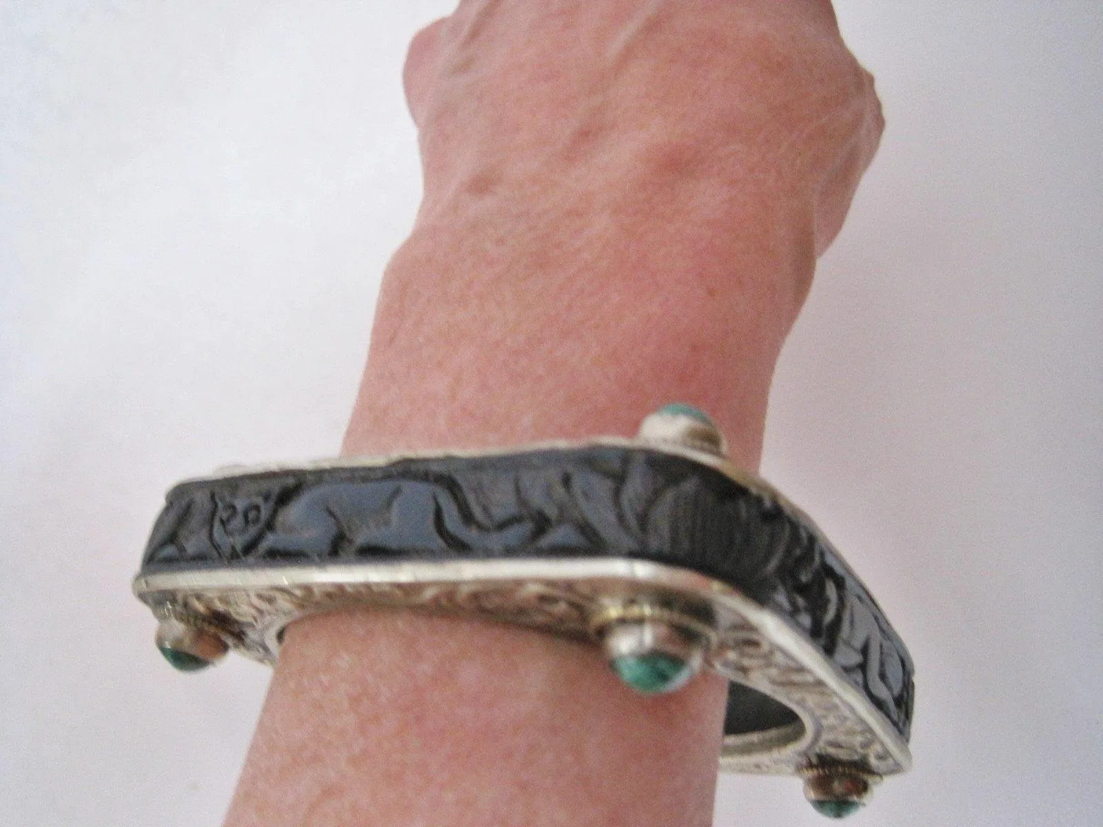 Vintage Square Carved Animal Purple Resin Bracelet from Nepal or Tibet with Silver Metal Overlay