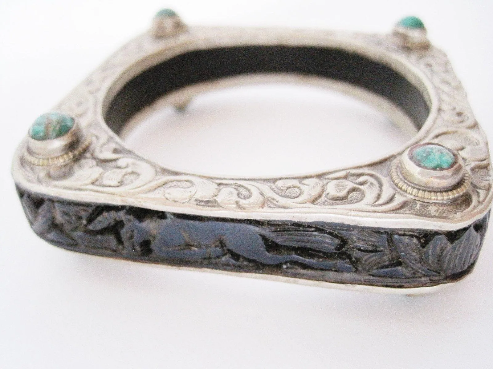 Vintage Square Carved Animal Purple Resin Bracelet from Nepal or Tibet with Silver Metal Overlay