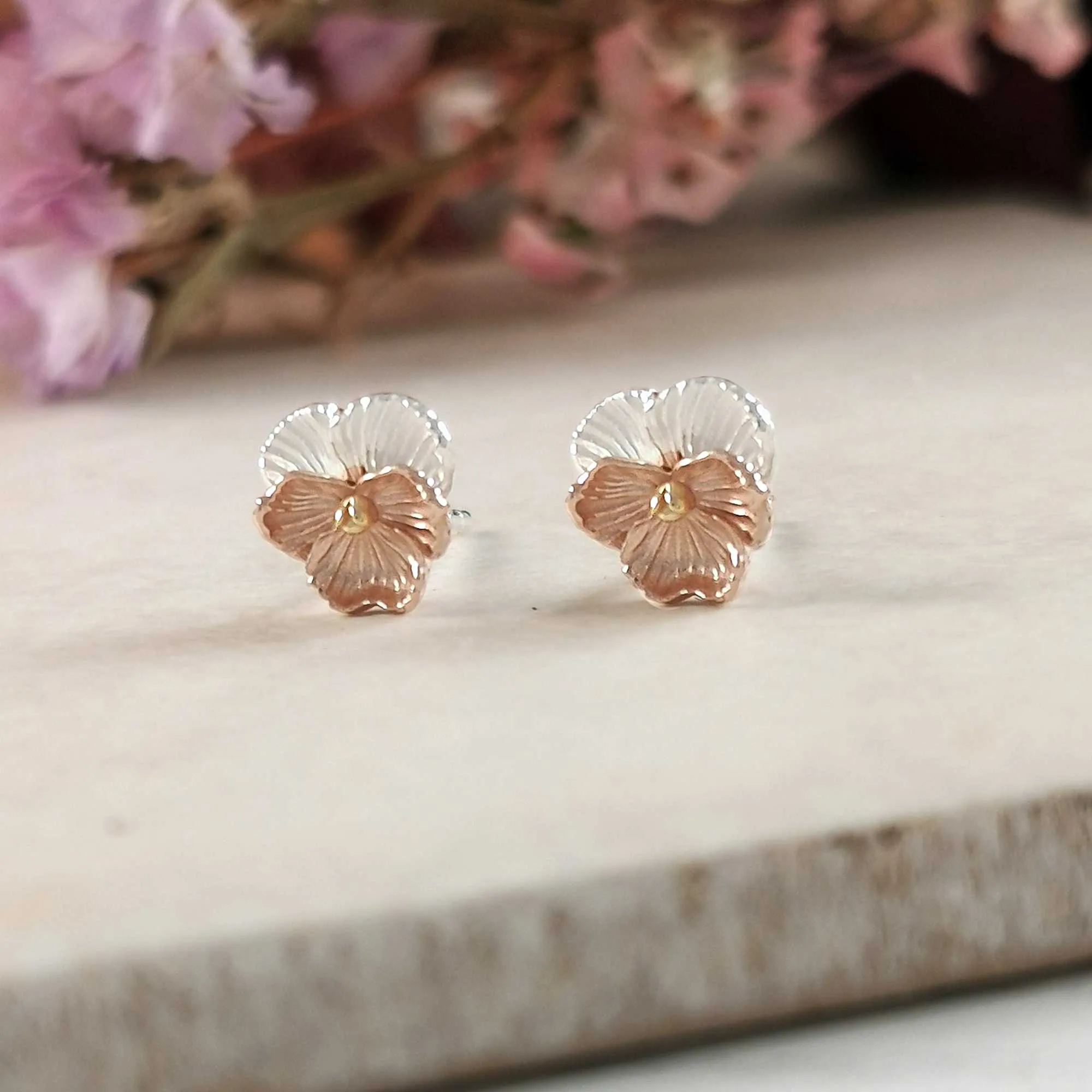 Violet Flower Silver & Rose Gold Stud Earrings