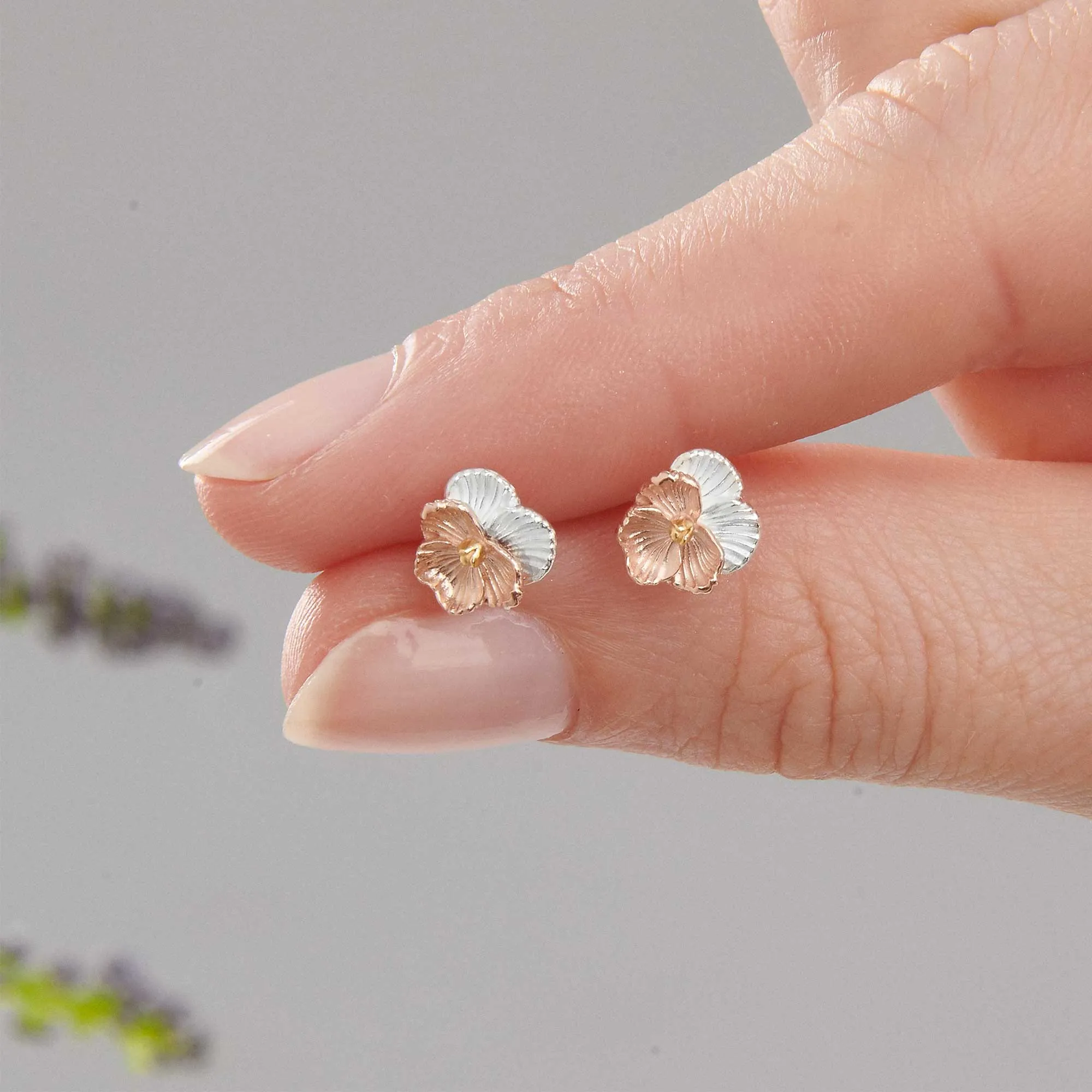 Violet Flower Silver & Rose Gold Stud Earrings