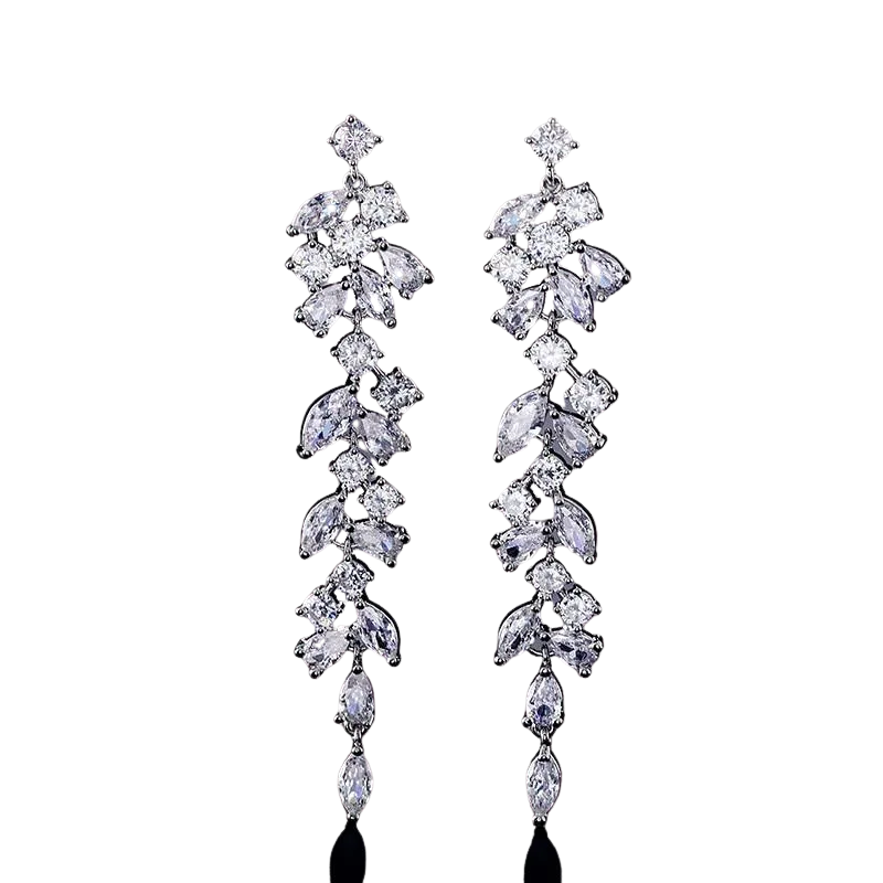 Women Elegant Crystal Leaf Long Drop Earrings