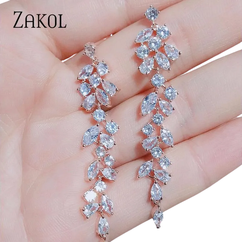 Women Elegant Crystal Leaf Long Drop Earrings