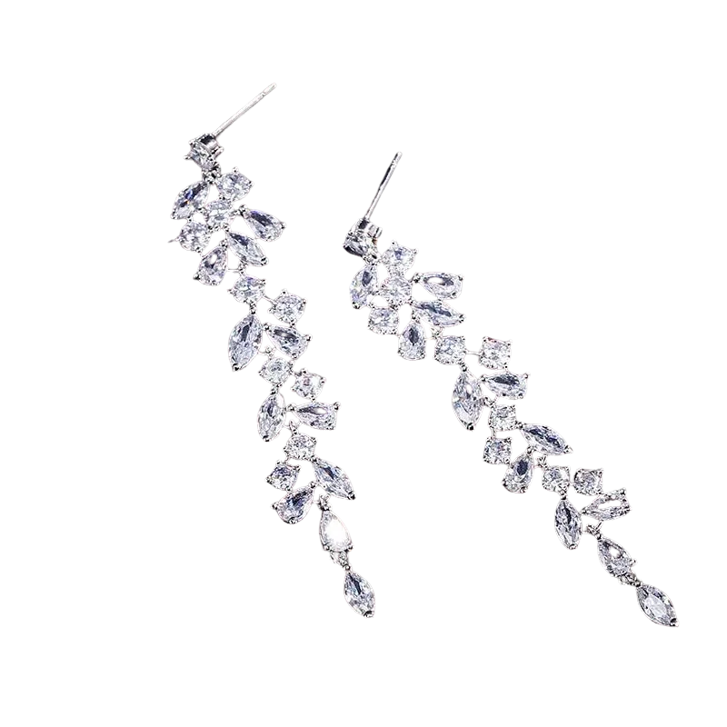 Women Elegant Crystal Leaf Long Drop Earrings