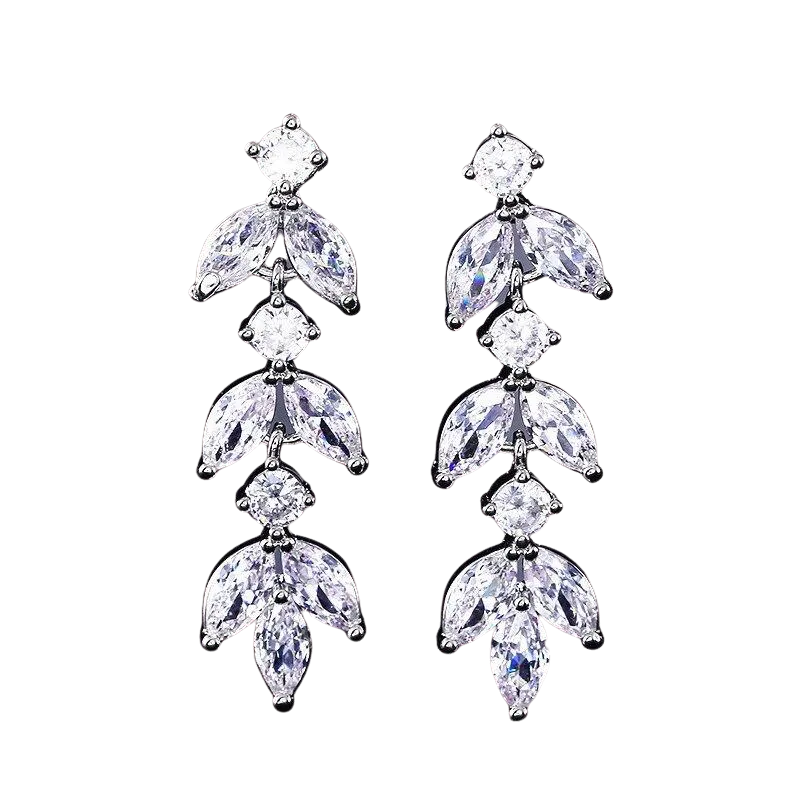 Women Elegant Crystal Leaf Long Drop Earrings