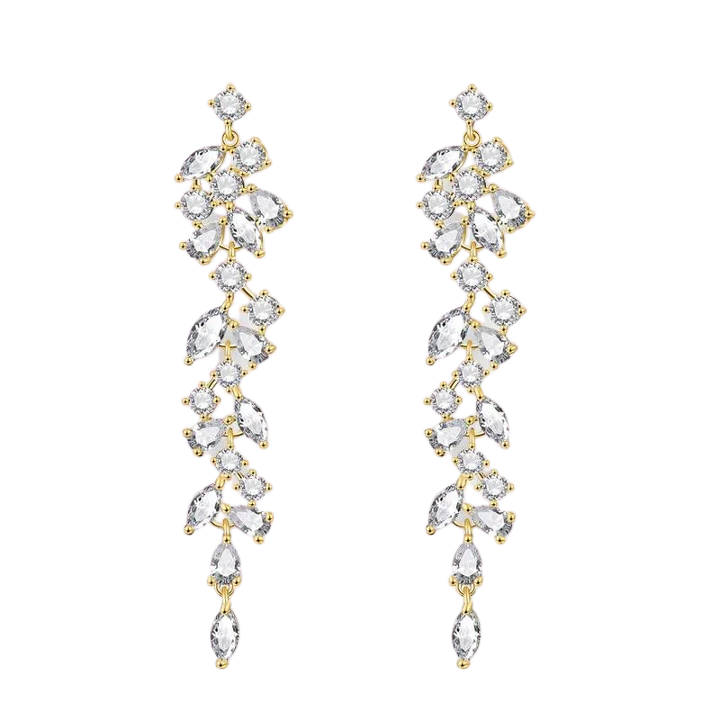 Women Elegant Crystal Leaf Long Drop Earrings