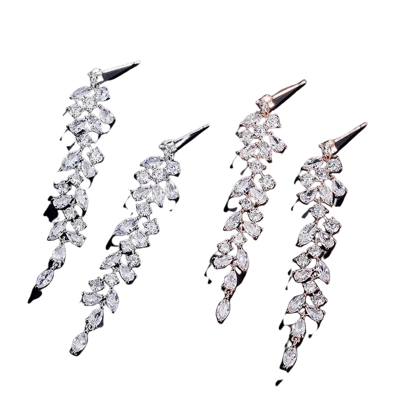 Women Elegant Crystal Leaf Long Drop Earrings