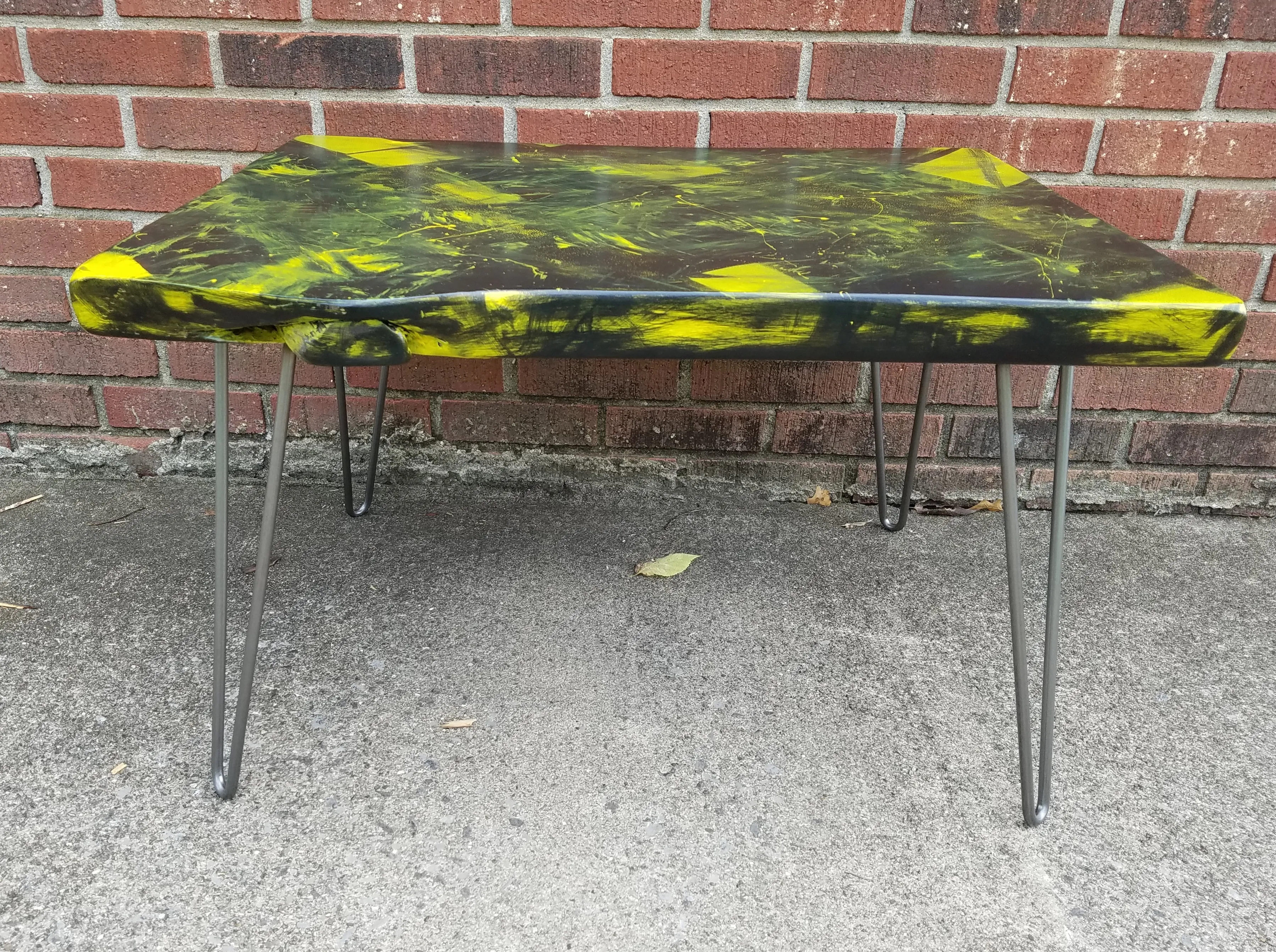 Yellow Coffee Table- Black- Artistic- Live Edge- Modern- Natural Wood- Pop Art- Splatter- Handmade Furniture- Geometric- Graffiti- Cool