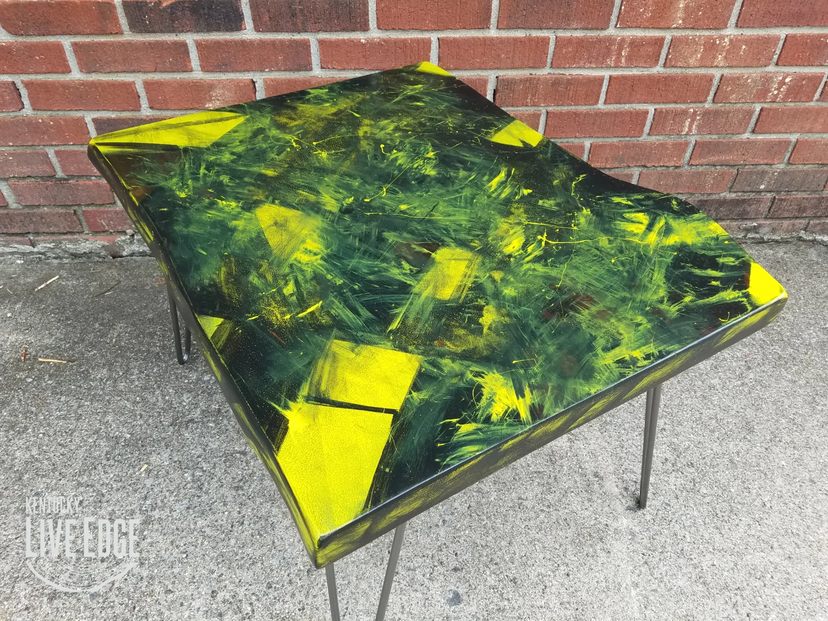 Yellow Coffee Table- Black- Artistic- Live Edge- Modern- Natural Wood- Pop Art- Splatter- Handmade Furniture- Geometric- Graffiti- Cool