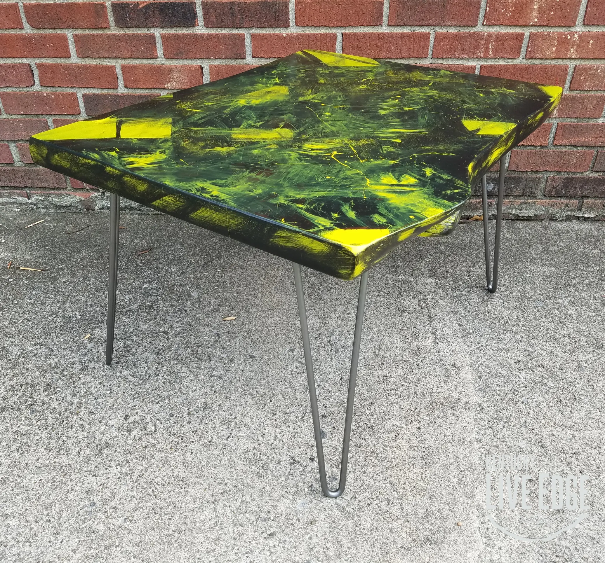 Yellow Coffee Table- Black- Artistic- Live Edge- Modern- Natural Wood- Pop Art- Splatter- Handmade Furniture- Geometric- Graffiti- Cool