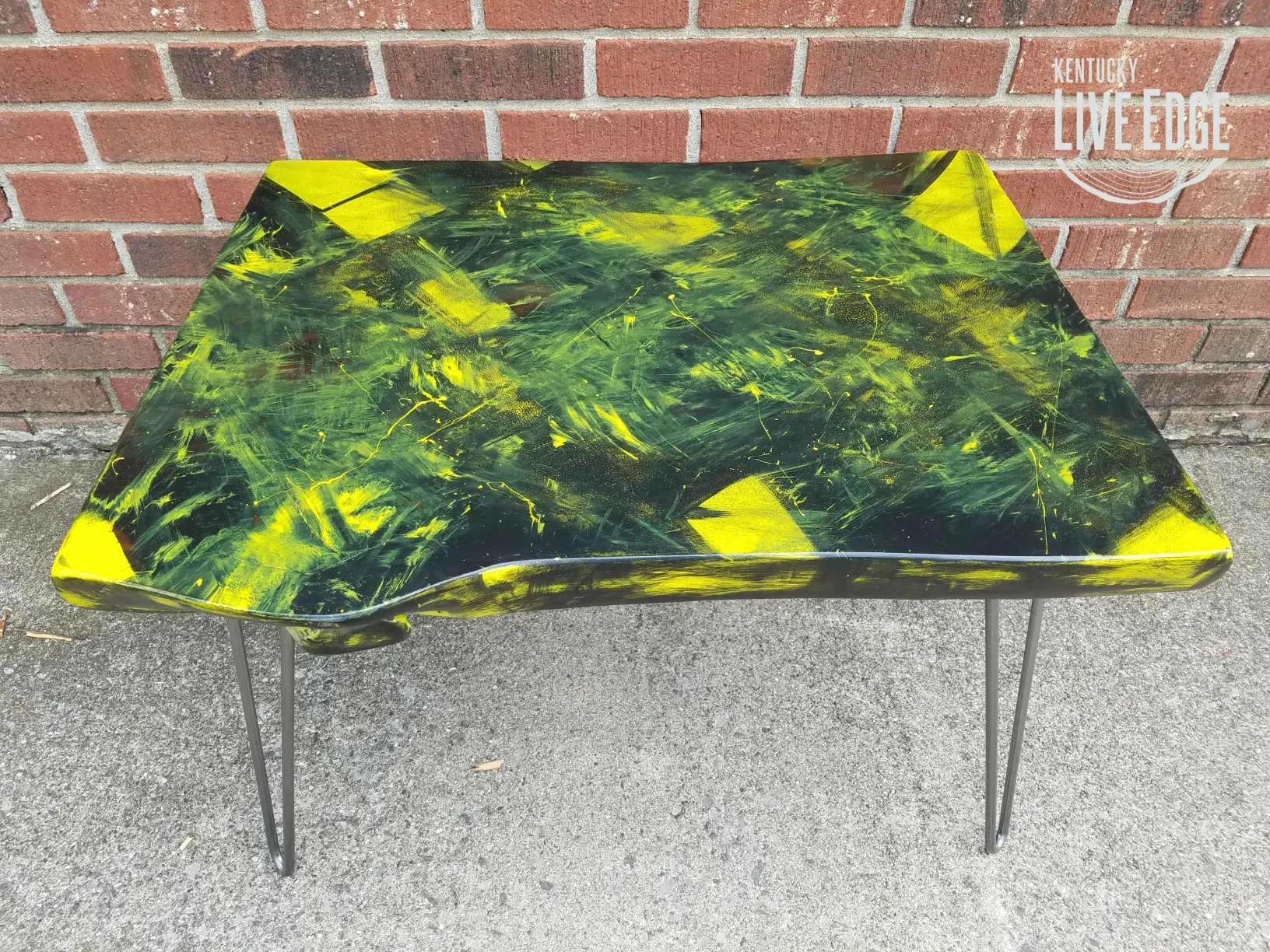 Yellow Coffee Table- Black- Artistic- Live Edge- Modern- Natural Wood- Pop Art- Splatter- Handmade Furniture- Geometric- Graffiti- Cool