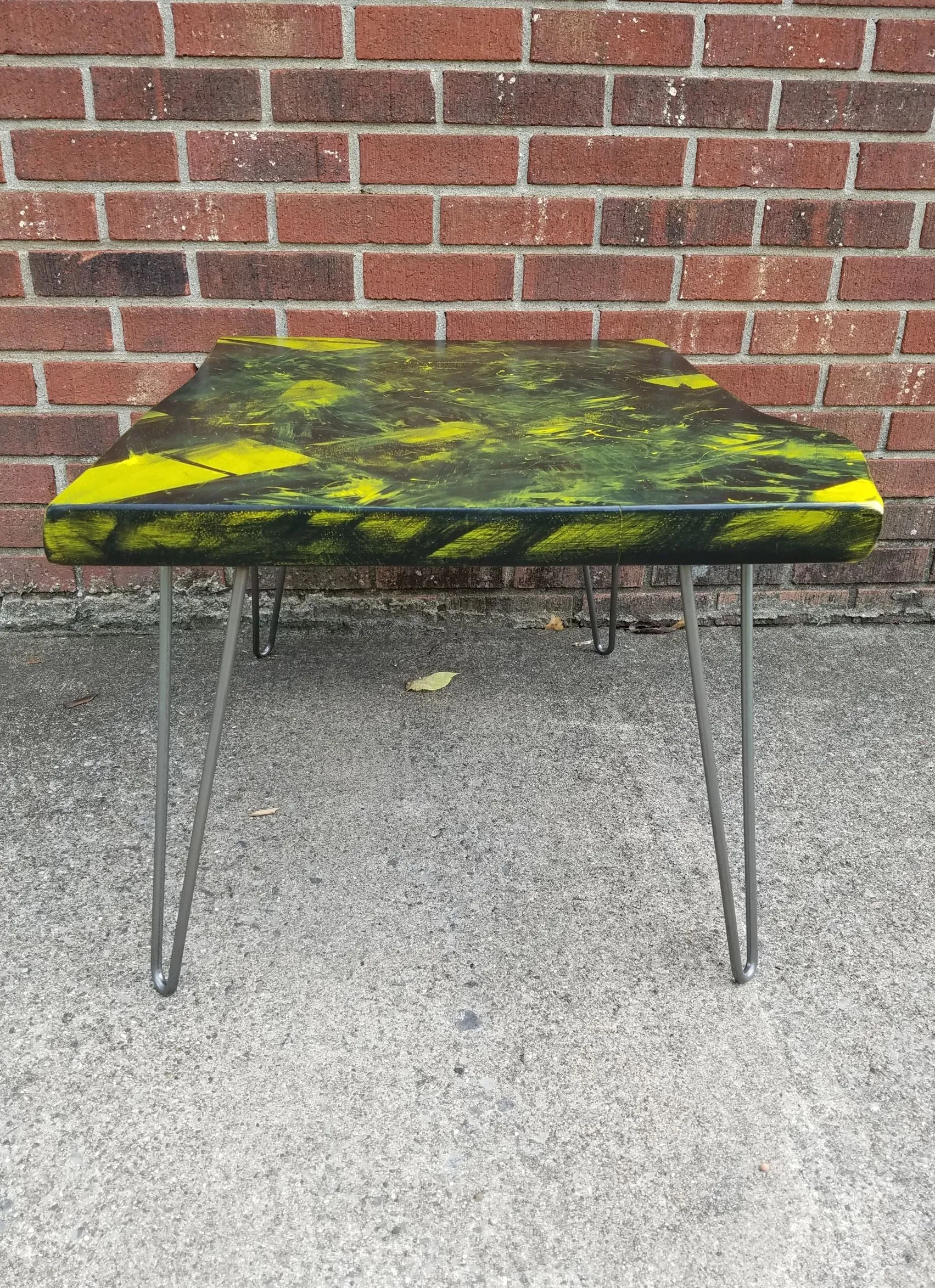 Yellow Coffee Table- Black- Artistic- Live Edge- Modern- Natural Wood- Pop Art- Splatter- Handmade Furniture- Geometric- Graffiti- Cool