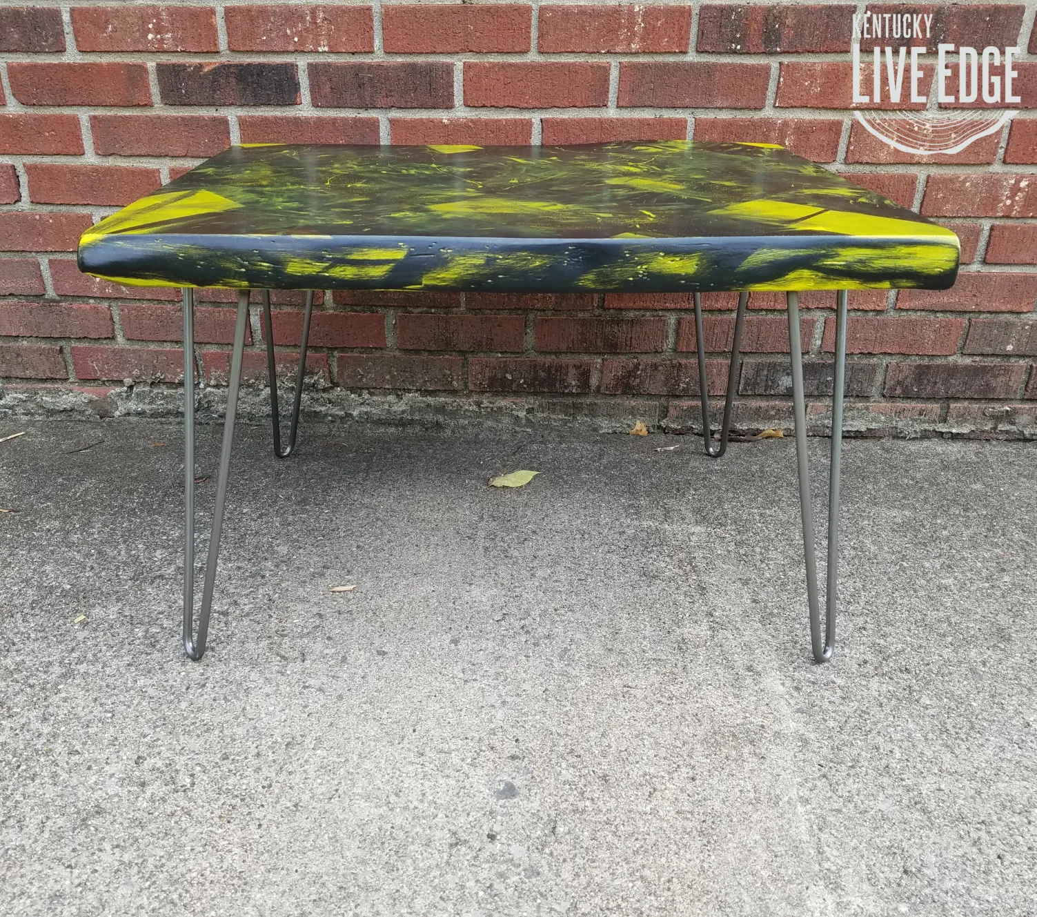 Yellow Coffee Table- Black- Artistic- Live Edge- Modern- Natural Wood- Pop Art- Splatter- Handmade Furniture- Geometric- Graffiti- Cool