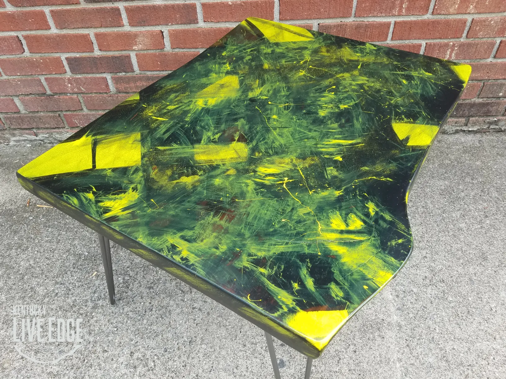 Yellow Coffee Table- Black- Artistic- Live Edge- Modern- Natural Wood- Pop Art- Splatter- Handmade Furniture- Geometric- Graffiti- Cool