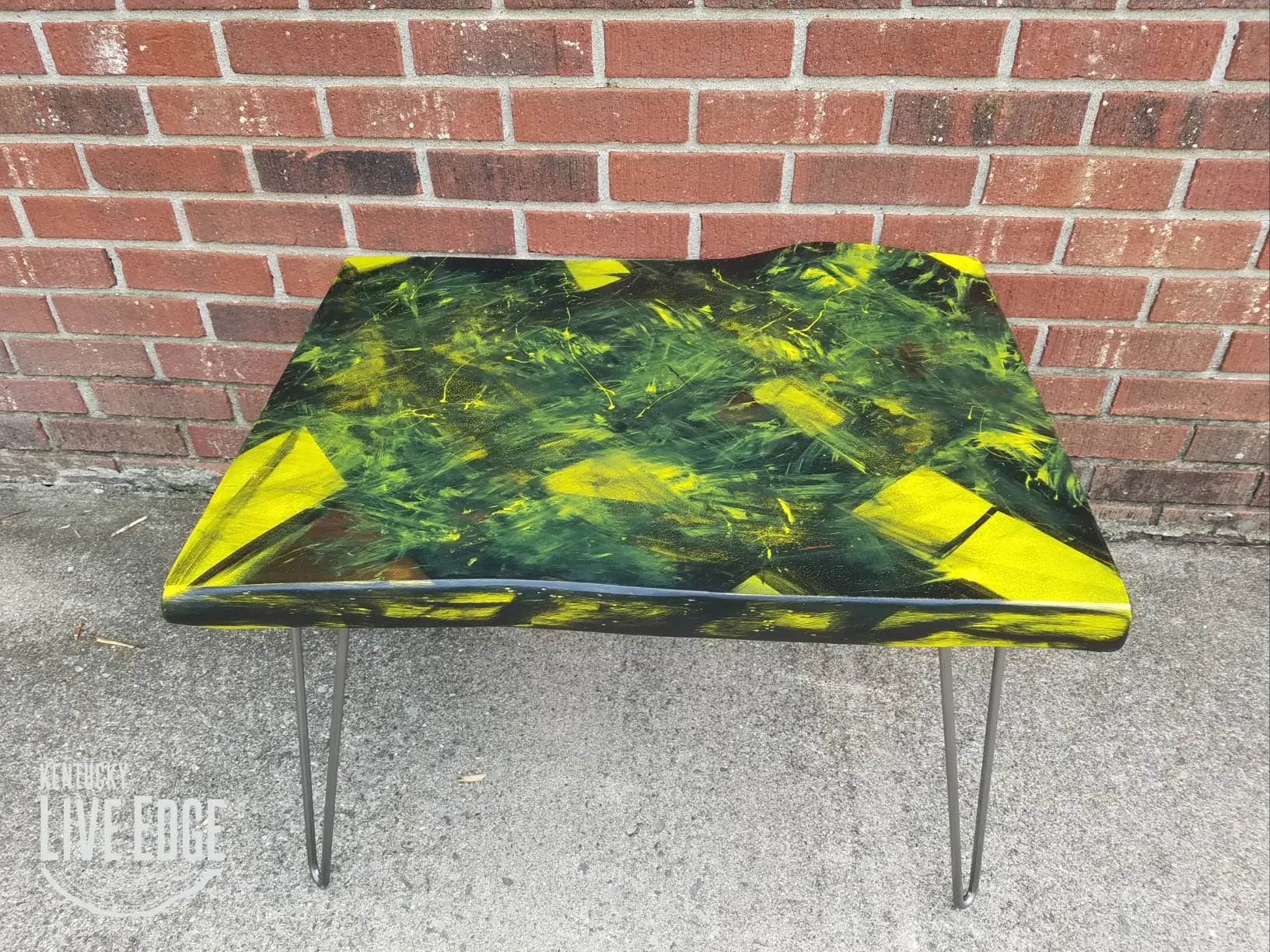 Yellow Coffee Table- Black- Artistic- Live Edge- Modern- Natural Wood- Pop Art- Splatter- Handmade Furniture- Geometric- Graffiti- Cool