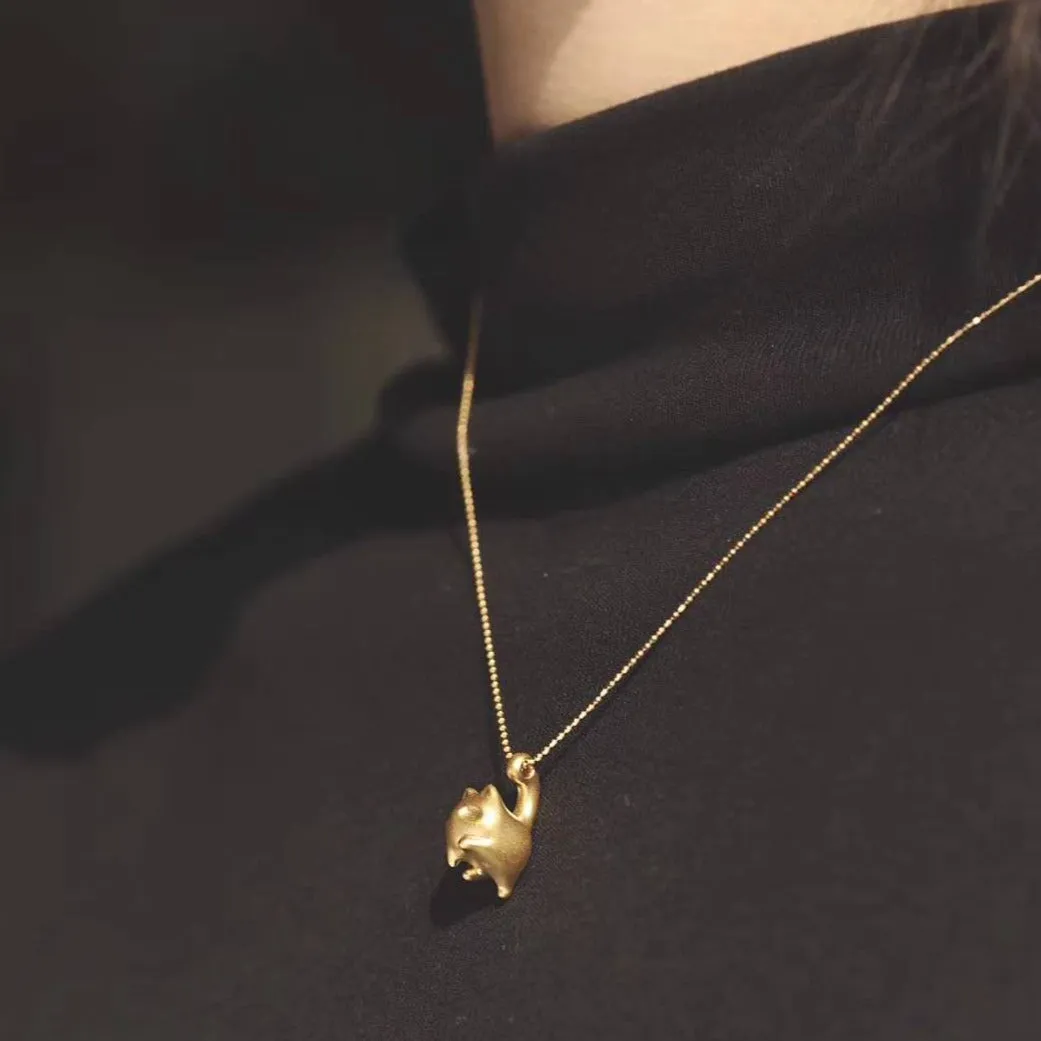 You Have the Balls - Adorable Kitty Cat Pendant Necklace 24K Yellow Gold