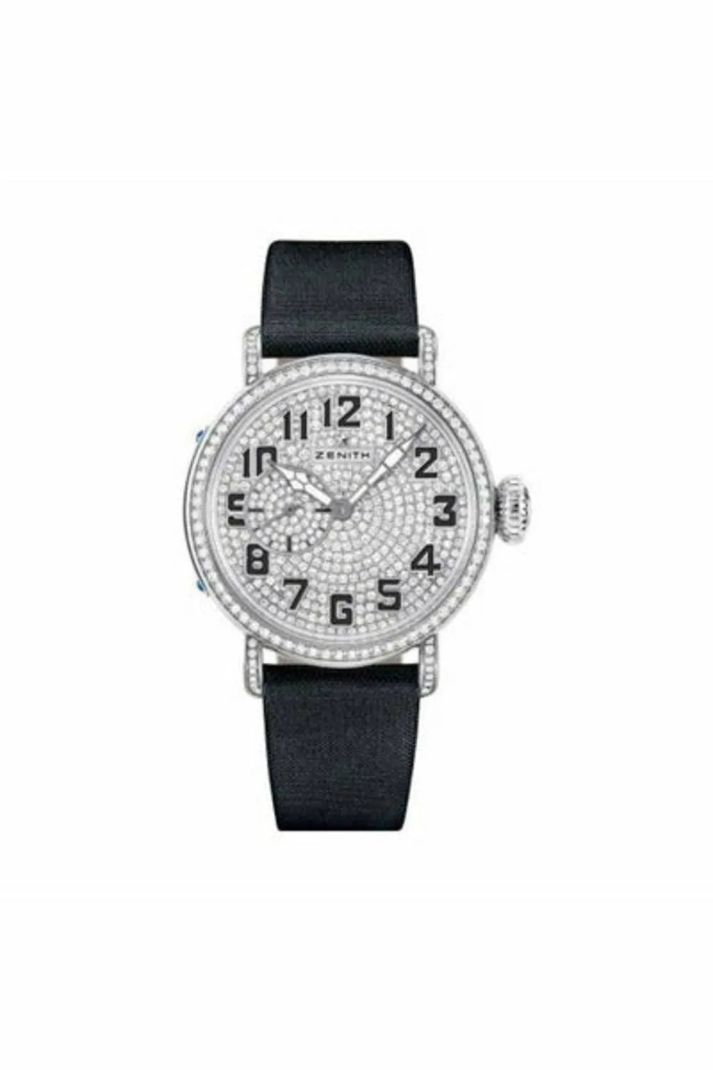 zenith pilot montre d''aeronef type 20 white gold with diamond bezel on black satin strap ref. 45.1931.681/79.c717